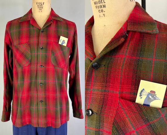 1950s Canadian Waters Camp Shirt | Vintage 50s Crimson Red Sage Green Plaid Wool Square Cut Button Up Top-Loop Patch-Pocket Shirt | Large
