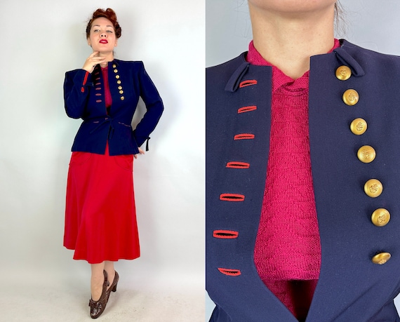 1940s "Adrian" About the Town Suit | Vintage 40s Red & Blue Wool Twill + Rayon Gabardine Hollywood Designer Color Block Ensemble | Medium