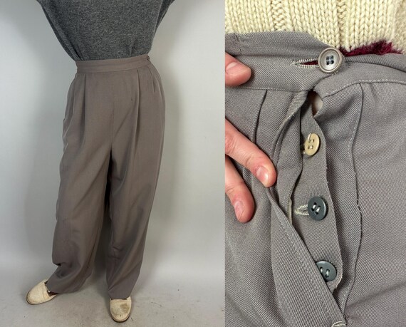1930s Laid Back Ladies Slacks | Vintage 30s Elephant Grey Wool Twill Trousers Pants with Side Button Fastening & Pleated High Waist | Small