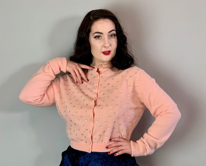 Vintage Midcentury 50s Pink Cropped Lambswool Sweater wClear Shimmery Sequins and Self Buttons 1950s Cotton Candy Cardigan MediumLarge