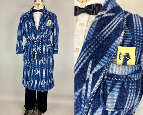 1920s Cuddle Up Beacon Robe | Vintage 20s Blue Tones and White Deco Geometric Print Flannel Lounge Jacket w/Rope Trim & Belt | Small Medium