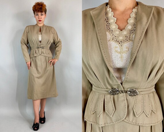 1940s "Jaunty Junior" Suit | Vintage 40s Oatmeal Beige Wool Jacket and Skirt w/Brown Top Stitching & Filigree Leaf Buckle | Extra Small XS