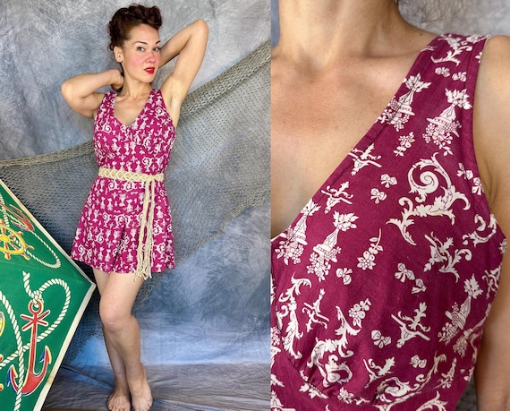 1940s Bacchanal Beach Comber Romper | Vintage 40s Raspberry Purple and White Cotton Playsuit Sunsuit with Grape Filled Urns | Extra Large XL