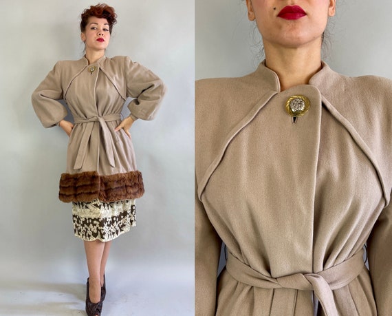 1940s Gorgeous Glamor Girl Coat | Vintage 40s Beige Wool Balloon Sleeve Overcoat with Honey Brown Mink Fur Trim and Sash Belt | Medium