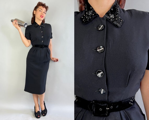 1940s Right Direction Dress | Vintage 40s Black Rayon Crepe Shirtwaist Frock with Rhinestones Beads Velvet Accents and Arrow Belt | Small