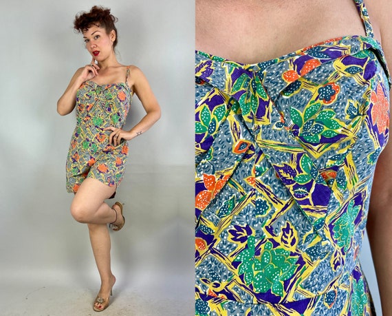 1950s Tiki Oasis Tootsie Romper | Vintage 50s Orange Purple Blue Green and Yellow Floral Hawaiian Pinup Swim Playsuit | Large Extra Large XL