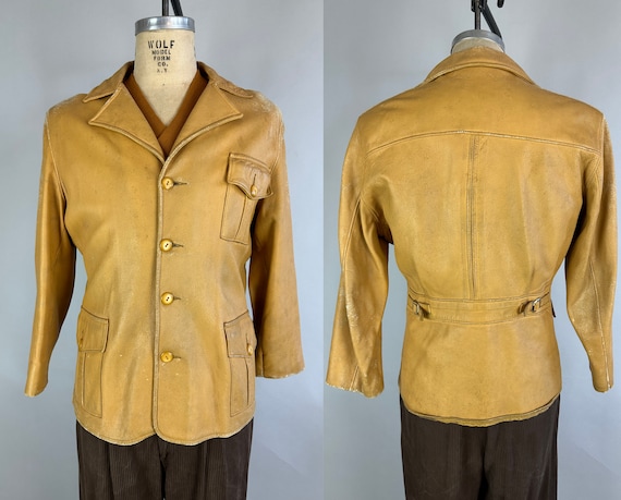 1940s Rustic Rebel Leather Jacket | Vintage 40s Butter Yellow Button Up Belted Back Western Box Pleated Cossack Coat | Large/Extra Large XL