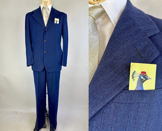 1930s Globe Trotter Suit | Vintage 30s Midnight Blue Pinstripe Wool Two Piece Single Breasted Jacket and Trousers Set | Size 40 Medium