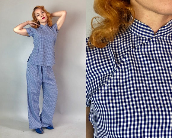 1930s Rayon Gingham Lounge Set | Vintage 30s Blue