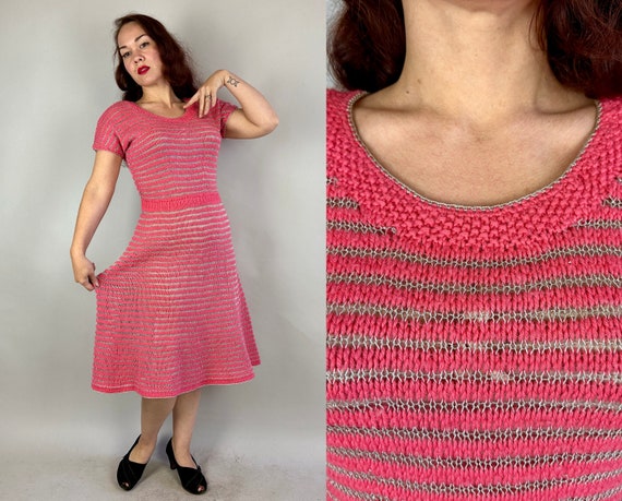 1950s Sizzling Silver Striped Dress | Vintage 50s Pink Wool and Metallic Lurex Striped Peek-a-Boo Knit A-Line Frock | Large Extra Large XL