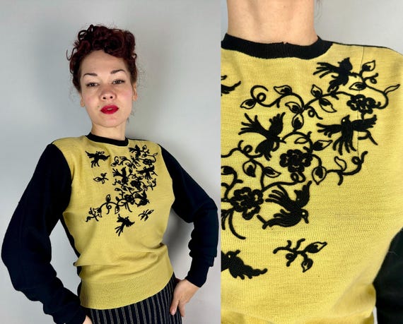 1940s Birds of a Feather Sweater | Vintage 40s Yellow & Black Color Block Wool Knit Jumper w/Soutache Embroidery | Small Medium Large