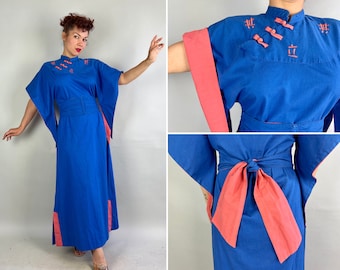 1940s Tiki Oasis Temptress Pake Muu | Vintage 40s Blue Cotton Hawaiian Dress with Pink Color Block Accents and Wide Belt Set | Small Medium