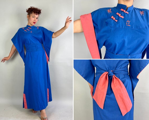 1940s Tiki Oasis Temptress Pake Muu | Vintage 40s Blue Cotton Hawaiian Dress with Pink Color Block Accents and Wide Belt Set | Small Medium