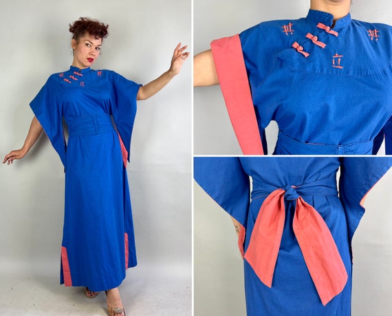 1940s Tiki Oasis Temptress Pake Muu | Vintage 40s Blue Cotton Hawaiian Dress with Pink Color Block Accents and Wide Belt Set | Small Medium