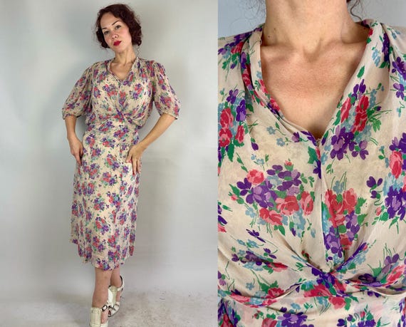 1940s Beauty in Bloom Dress | Vintage 40s Of White Purple Pink & Green Floral Silk Chiffon Frock w/Inverted Basque Sash | Extra Large XL