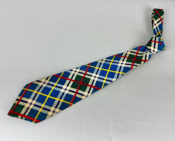 1930s Plaid Pete Necktie | Vintage 30s Wool Red Blue White Green and Yellow Tartan Self Tie