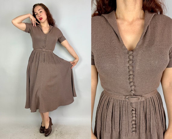 1950s Haute to Trot Taupe Knit Dress | Vintage 50s Grey Brown Wool Knitwear Frock with Full Skirt and Button Up Shirtwaist with Belt | Small