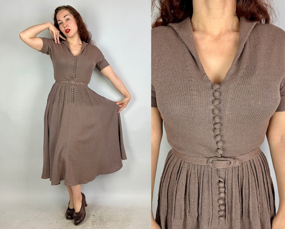 1950s Haute to Trot Taupe Knit Dress | Vintage 50s Grey Brown Wool Knitwear Frock with Full Skirt and Button Up Shirtwaist with Belt | Small