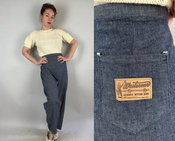 1950s Western Winona Jeans | Vintage 50s Denim Blue and White Cotton Twill Dungarees Pants with Side Zipper | Extra Large XL