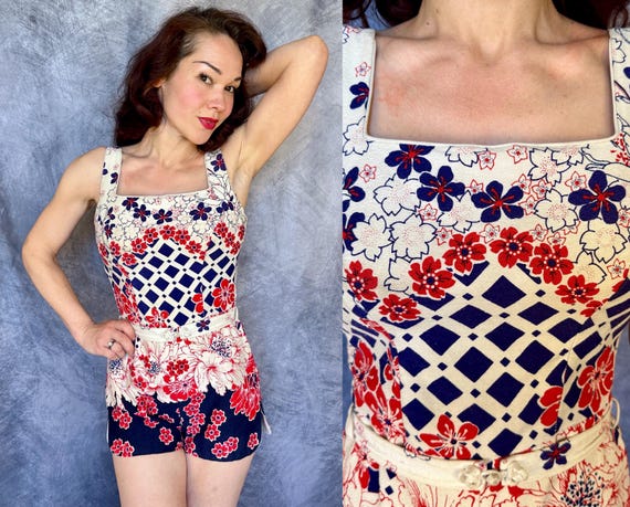 1960s Rubies and Sapphires Swimsuit | Vintage 60s Red White and Blue Floral and Diamond Romper Playsuit with Elastic Belt | XS Small Medium