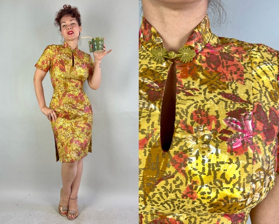 1950s Tiki Tea Timer Dress | Vintage 50s Yellow Orange Pink and Gold Abstract Floral Cotton Hawaiian Frock Cheongsam with Keyhole | Small