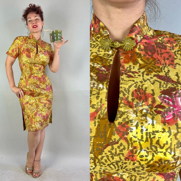 1950s Tiki Tea Timer Dress | Vintage 50s Yellow Orange Pink and Gold Abstract Floral Cotton Hawaiian Frock Cheongsam with Keyhole | Small