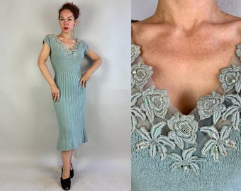 1950s Fancy Form Fit Knit Dress | Vintage 50s Blue Wool Knitwear Frock w/Wide V-Neck Floral Lace Sequins & Pearls | Small Medium Large XL