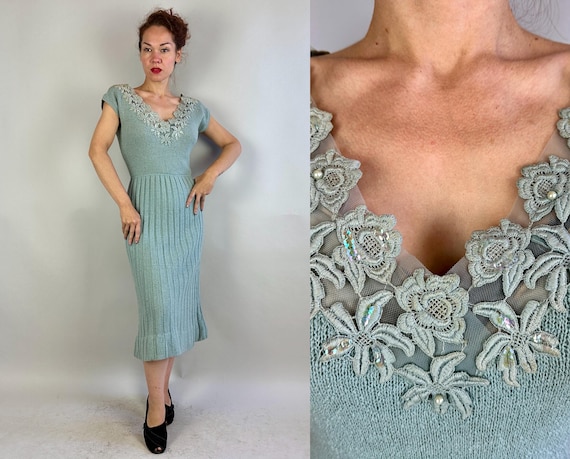 1950s Fancy Form Fit Knit Dress | Vintage 50s Blue Wool Knitwear Frock w/Wide V-Neck Floral Lace Sequins & Pearls | Small Medium Large XL