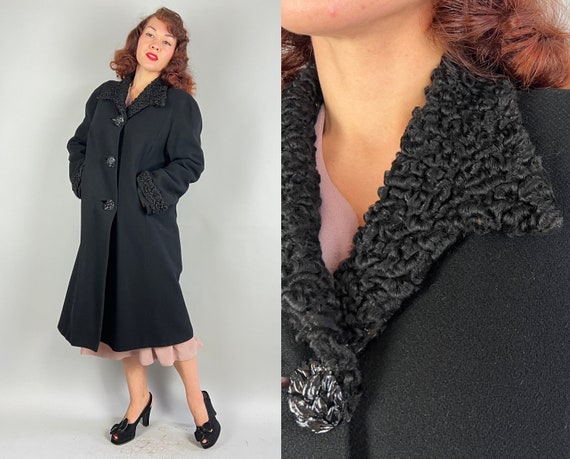 1940s Luscious Lamb Overcoat | Vintage 40s Noir Black Wool with Curly Sheep Trimmed Coat & 3 Large Three-Dimensional Buttons | Medium/Large