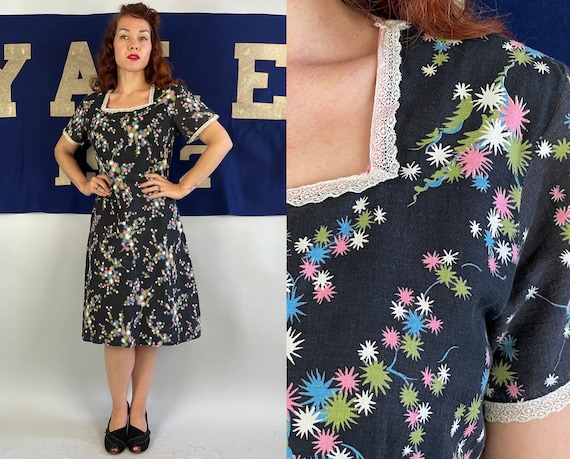 1930s Fantastic Fireworks Frock | Vintage 30s Black Cotton Dress w/Pink Green Blue and White Burst Print Lace Trim & Pocket | Medium Large