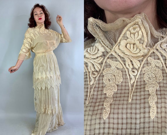 1910s Lady in Lace Sampler Gown | Vintage Antique Edwardian Teens Ivory White Layered Tea Dress with Pointed Hems and Standup Collar | Small