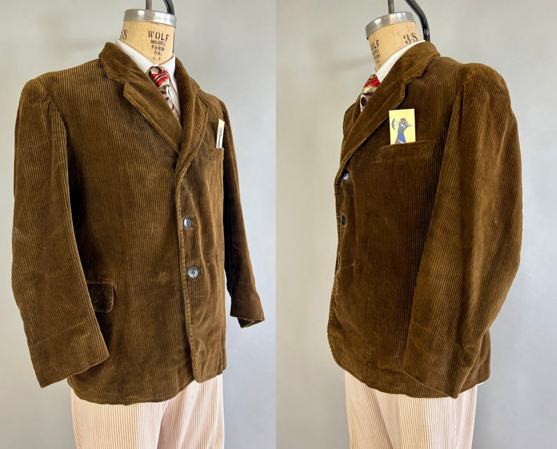 1930s Belted Back Jacket Vintage 30s Honey Caramel Corduroy Pleated Belt Back Blazer Sport Coat Size 44 Extra Large XL image 2