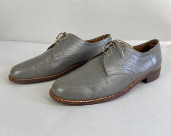 1940s Grey Ghost Shoes | Vintage 1940s Gray Ventilated All Leather Apron Toe Perforated Summer Oxfords with Incredible Broguing | Size US 10
