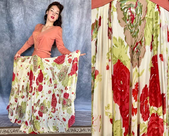 1940s Grand Garden Gown | Vintage 40s Coral Rayon Jersey Ivory Crepe Red & Green Floral Silk Chiffon Long Dress with Belt | Medium Large XL