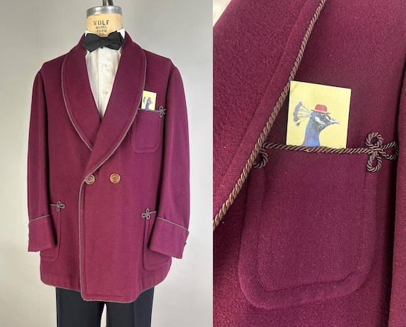 1920s Professor Plum's Smoking Jacket | Vintage 20s Purple Wool Coat Loungewear with Cord Rope Trim Piping and Calico Buttons | Large