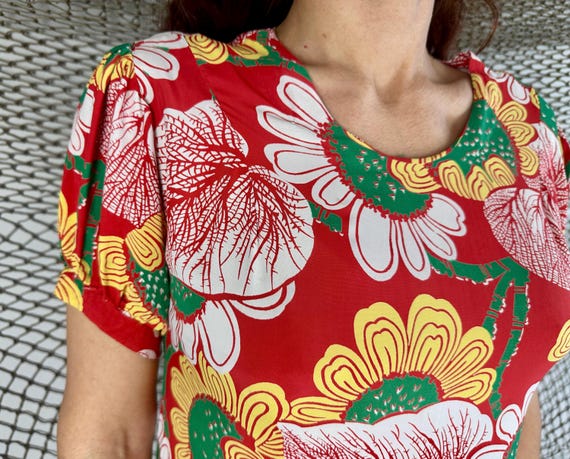 1940s Happening in Hawaii Holoku Gown | Vintage 40s Red Rayon Green Yellow White Flower and Leaf Print Dress with Train | Medium Large