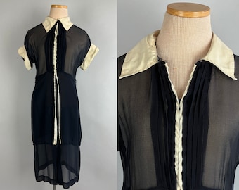 1930s Lovely Lightweight Day Dress | 30s Silk Chiffon Black and White Contrast Silk Faille Collared Flowy Daytime Frock | Small/Medium