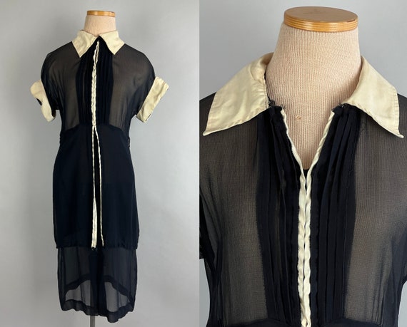 1930s Lovely Lightweight Day Dress | 30s Silk Chiffon Black and White Contrast Silk Faille Collared Flowy Daytime Frock | Small/Medium