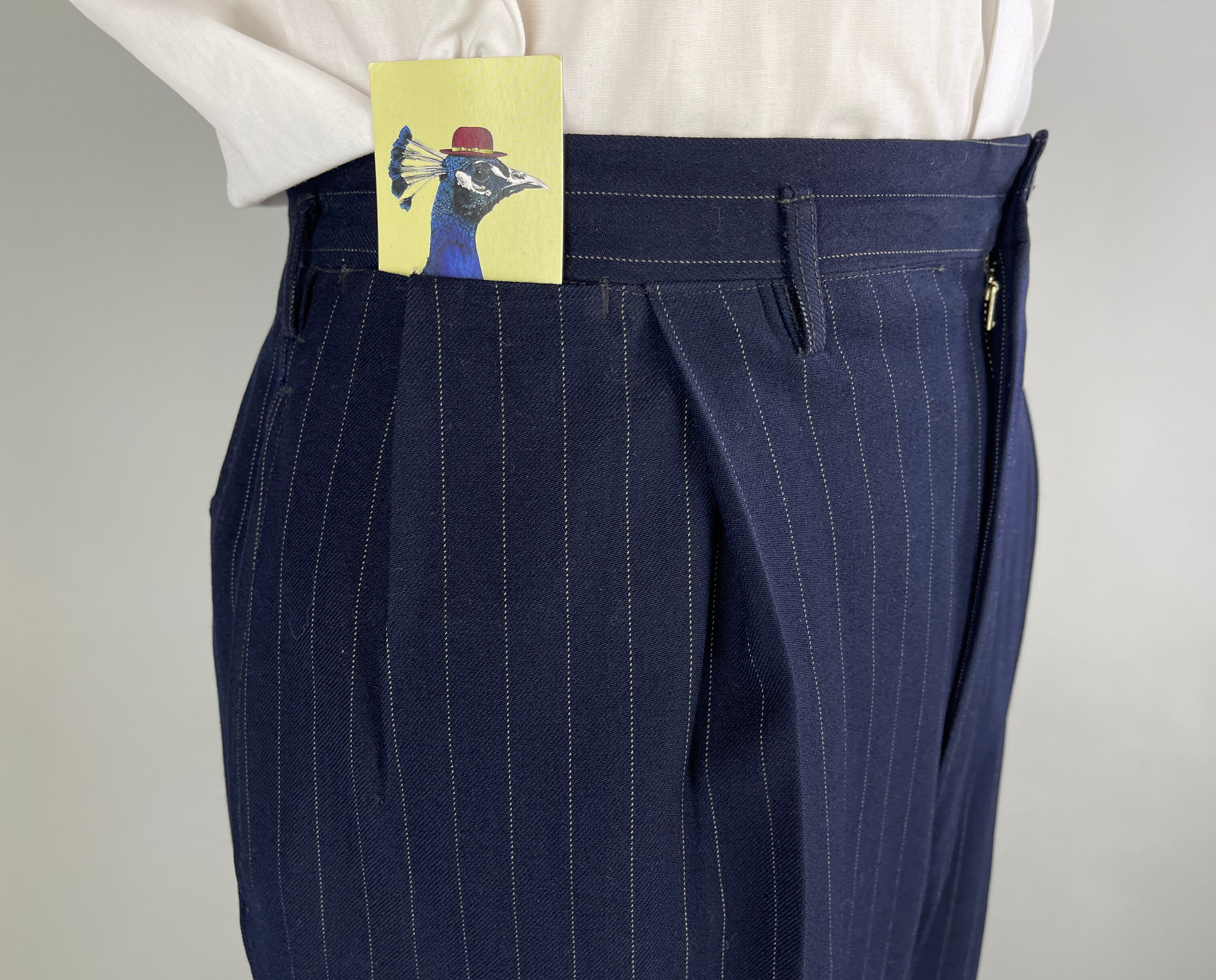 Men's VTG 1940s Blue Pinstripe Drop Loop Pants Sz M W32.5 40s Wool