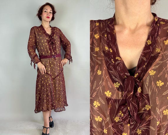 1920s Autumn Meadow Dress | Vintage Antique 20s Maple Red Silk Chiffon Frock w/Yellow & Pink Wheat and Flowers + Slip | Extra Large XL