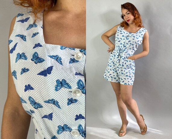 1940s Beautiful Butterflies Romper | Vintage 40s White Cotton Playsuit with Cornflower Blue Swiss Dots Novelty Print Volup | Extra Large XL