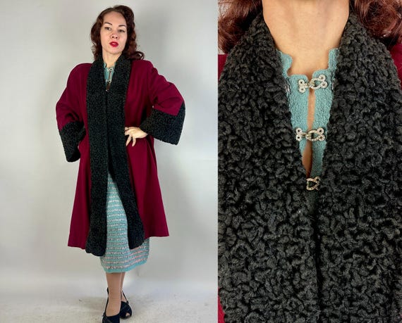 1940s Cuddly Curls Overcoat | Vintage 40s Burgundy Red Wool Coat with Black Persian Lamb Cuffs and Full Length Lapels | Small Medium Large