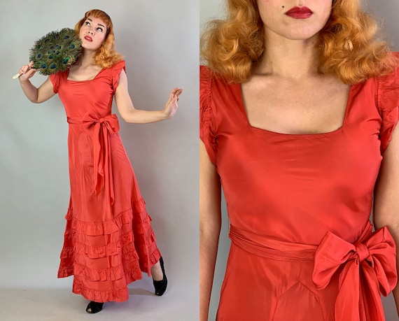 1930s Flirty Flamenco Francine Gown | Vintage 30s Cadmium Orange Silk Taffeta Evening Dress with Ruffles and Extra Long Sash Belt | Small