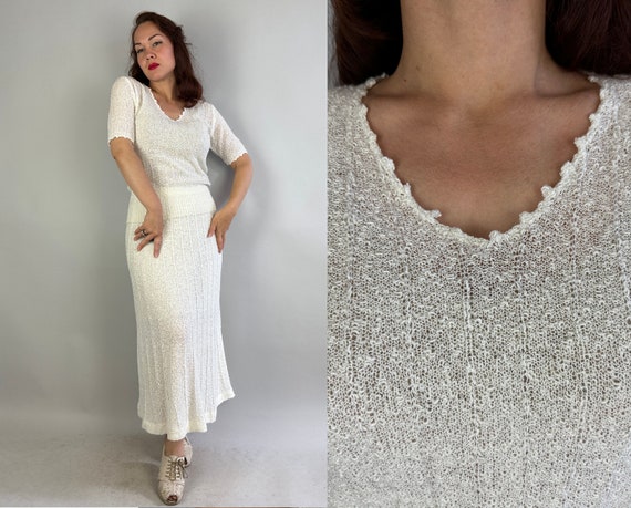 1950s Style Snow White Knit Ensemble | Vintage 80s Does 50s Deadstock NWT Summer Boucle Nylon Acrylic Knitwear Top and Skirt | Large