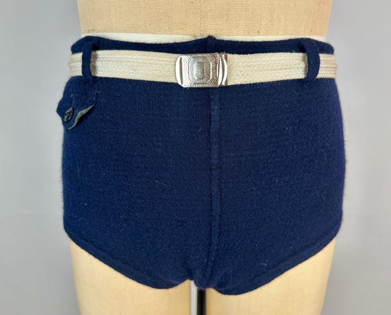 1940s In The Navy Swim Trunks | Vintage 40s Dark Blue Wool Knit Bathing Suit Swimsuit Swimwear w/White Belt and Silver Buckle | Medium Large