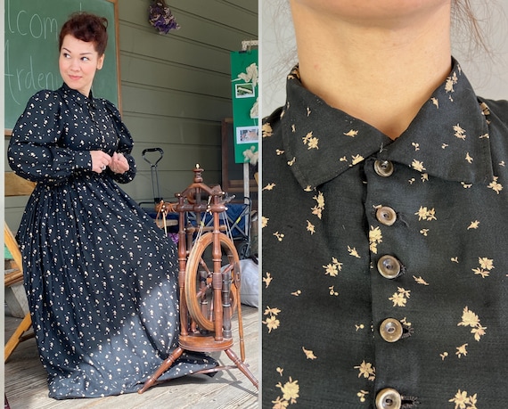 1800s Prairie Pride Dress | Vintage Antique Victorian Black and Ivory Calico Rose Print Cotton Farm Frock with Shell Buttons | Small Medium