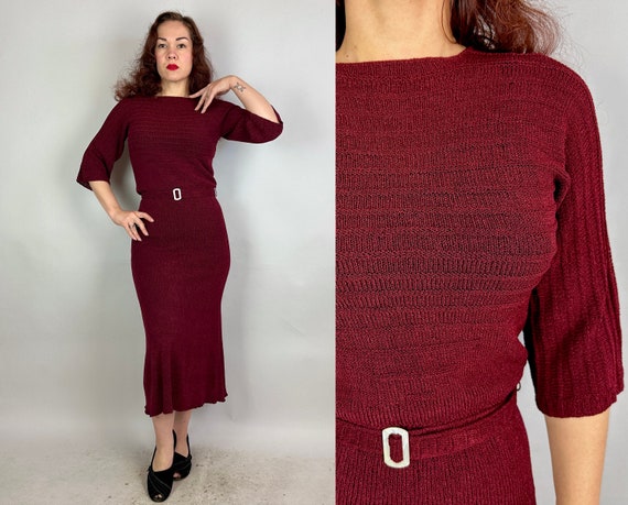 1930s Revel in Raspberry Knit Dress | Vintage 30s Red Rayon Knitwear Frock with Ribbed Stripes and Matching Belt | Small Medium Large