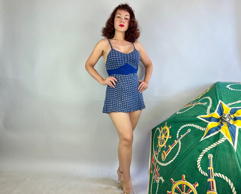 1930s Cathy's Cartwheel Bathing Suit Vintage 30s Blue & White Pinwheel Pattern Cotton Rayon Knit One Piece Skirted Swimsuit Small Medium image 5