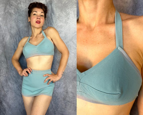 1940s Basking In Blue Bikini | Vintage 40s Pinup Two Piece Halter Bra Top & High Waist Bottoms Bathing Suit Swimsuit | Extra Small XS Small