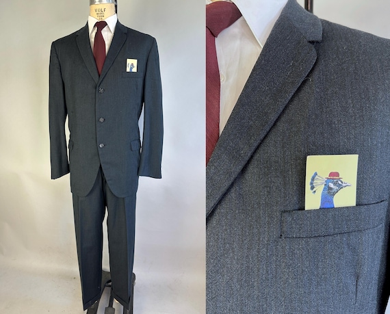 1950s Mr Versatility Suit | Vintage 50s Black Charcoal Grey and Blue Stripe Wool Two Piece Jacket and Pants Set | Size 46/48 Extra Large XL